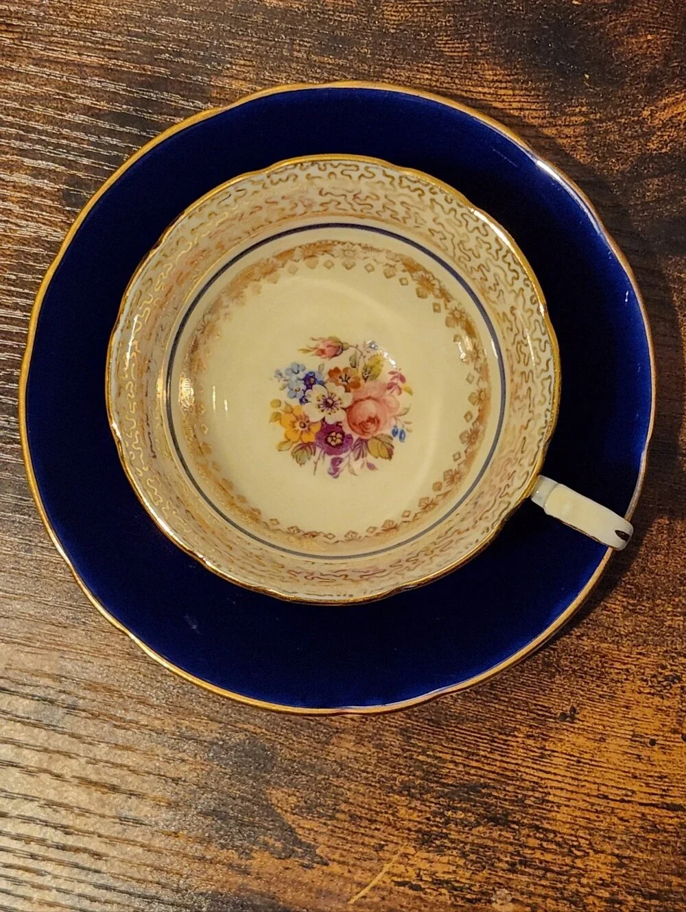 Vintage Aynsley England Bone China Cobalt Blue Gold Filigree Floral Cup & Saucer
